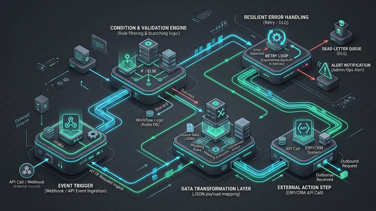 3D technical software architecture diagram showing multi-step workflow pipelines triggers conditions and dead-letter queues
