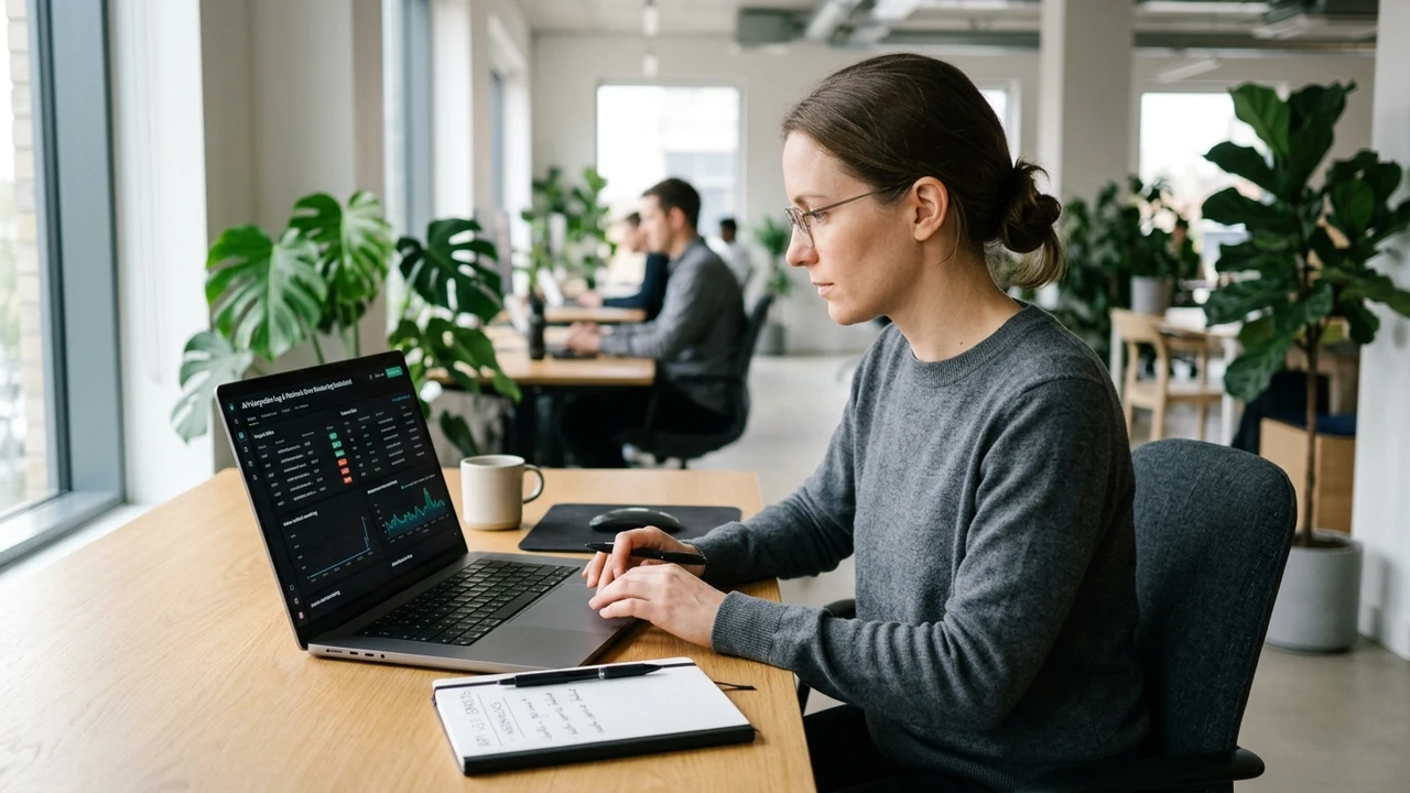 Software systems architect analyzing webhook integration logs and error telemetry on a laptop in a bright modern tech office