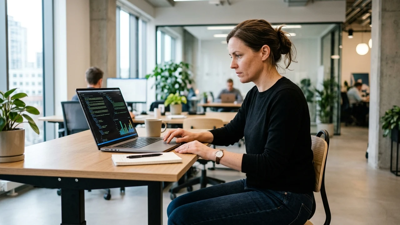 Software automation architect in plain black sweater analyzing structured JSON execution logs on laptop