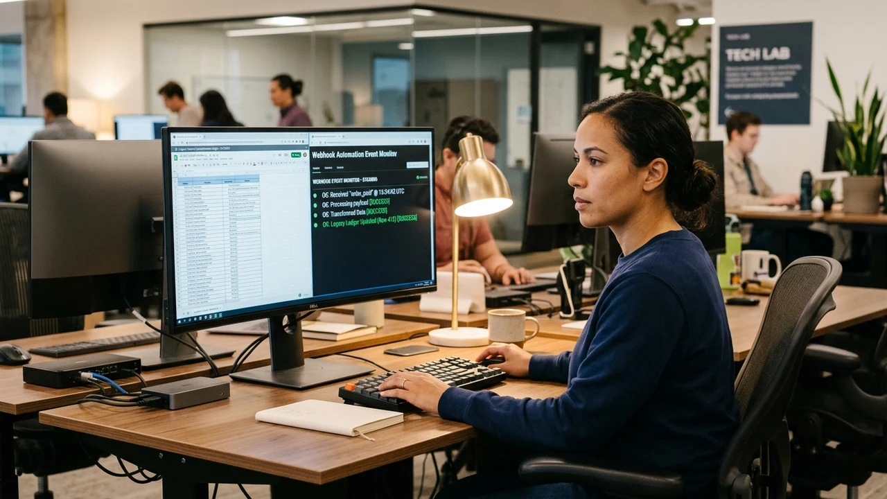 Figure 2: Software analyst at office desk comparing automated webhook event stream with spreadsheet data