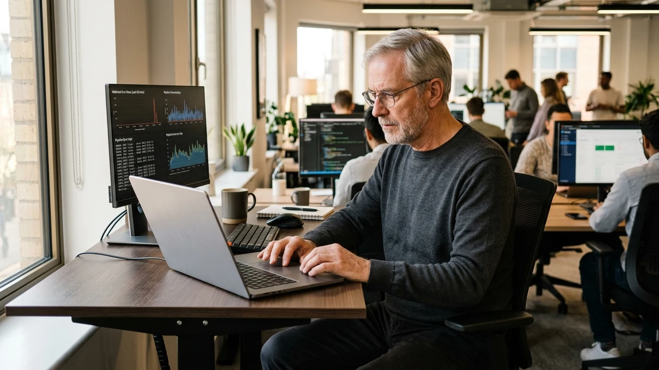 Senior systems architect monitoring data synchronization telemetry and webhook error logs on a laptop in a modern tech office