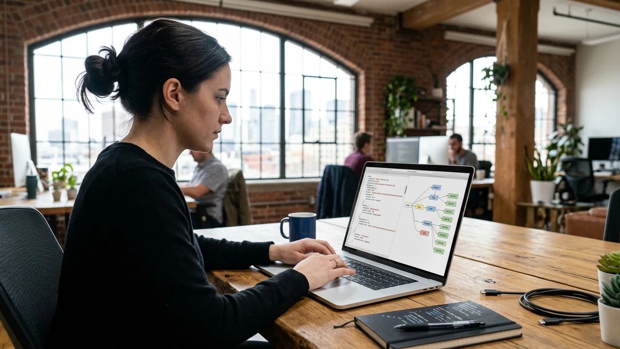 Technical SEO engineer in plain black sweater analyzing website crawl log data and HTTP status codes on sleek unbranded aluminum laptop at oak desk